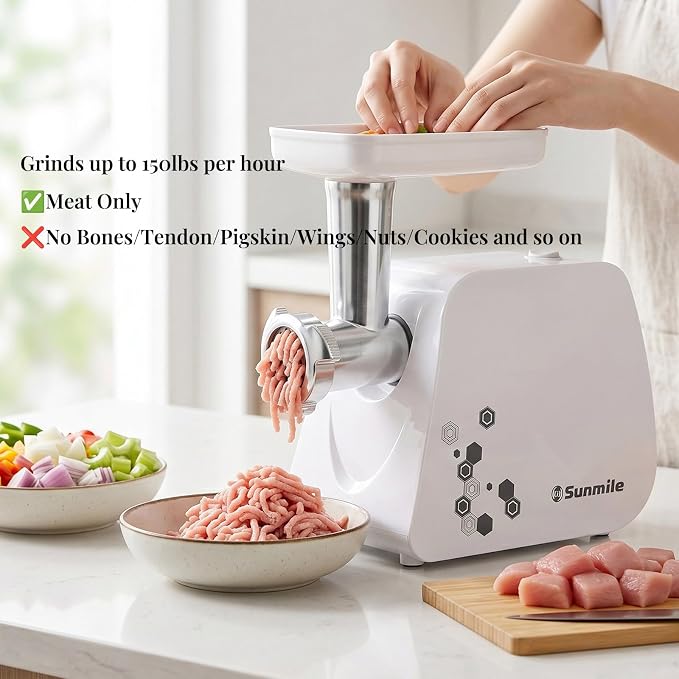 Sunmile Electric Meat Grinder and Sausage Maker - 1HP 1000W Max - Stainless Steel Cutting Blade and 3 Grinding Plates,1 Big Sausage Staff Maker, White