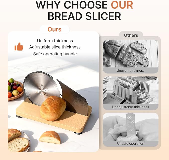 Upgraded Manual Bread Slicer for Homemade Sourdough Bread Adjustable Thickness& Evenly Slicing, Metal Guide, Hand Crank Bread Slicer with Scale Line & Suction Base,Sharp Stainless Steel Blade