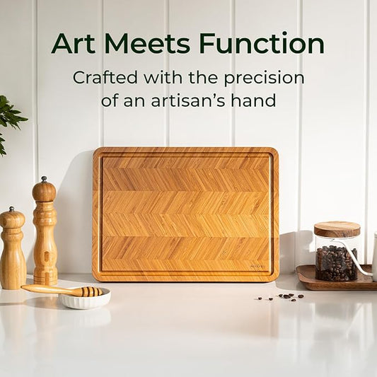 Atelier Collection Bamboo Cutting Board, Reversible Boards for Kitchen with Deep Juice Grooves and Handles, Large Wood Chopping Board for Cooking and Serving, Handcrafted Luxury Cutting Board