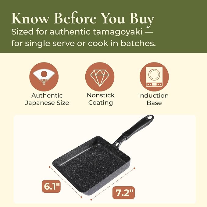 HAPPI STUDIO Tamagoyaki Pan - Nonstick Japanese Egg Pan, Square 7x6 Inch | Japanese Omelette Pan For Rolled Omelets - Nonstick Tamago & Square Frying Pan, Induction Ready, Heat-resistant Handle