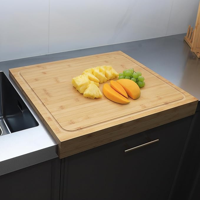 BAMOTTO CRAFTBAMBOO 21.7x18.9 in Oversized Bamboo Cutting Board Sink Cover | Non-Slip Detachable Lip | Reversible Juice Groove & Flat Side | Kitchen Noodle Board Stovetop Cover