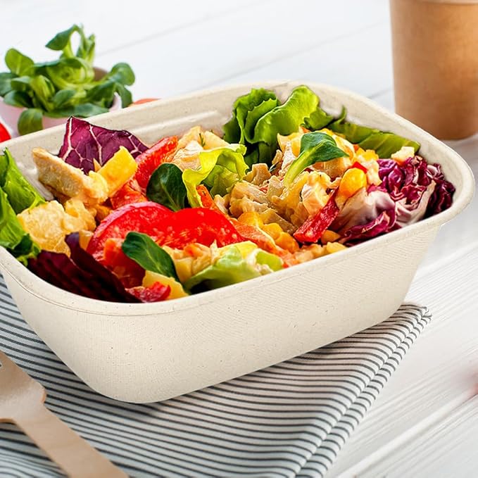 Aksipo 50 Pack 37 Oz Disposable Food Containers with Lids, Compostable Meal Prep Containers with Lids, Leak-proof To Go Food Box Cardboard Take Out Lunch Box Rectangle Paper Bowls for Salad,Leftovers