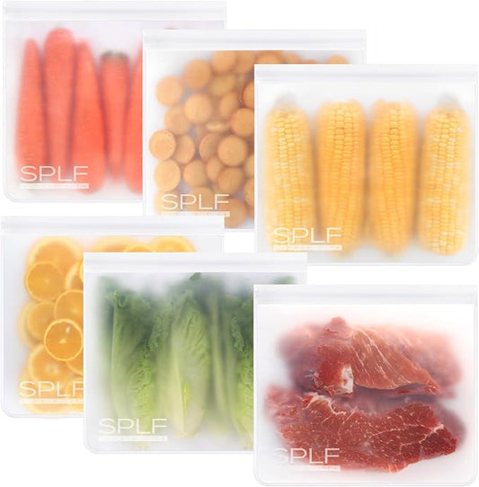 SPLF 6 Pack Dishwasher Safe Reusable Gallon Freezer Bags, White | Extra Thick Reusable Storage Bags Leakproof Silicone and Plastic Free for Marinate Meats, Cereal, Sandwich, Snack, Travel