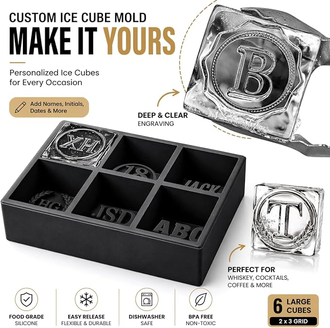 Personalized Ice Cube Mold, Custom Text Silicone Ice Tray 2” Cubes, Add Names Initials Dates or Short Words, Reusable Square Whiskey Ice Mold for Bourbon Cocktails Gifts for Men Dad Husband