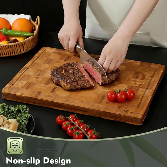 Bamboo Cutting Board Set of 2 Wooden Cutting Boards for Kitchen Wood | Heavy Duty Thick Checkered, Wooden Wood Cutting Board, Deep Juice Grooves, Non-slip Feet, 2 Pack