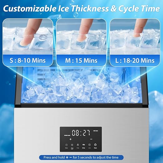 Commercial Ice Maker Machine, 150lbs/24H Stainless Steel Under Counter ice Machine with 55 Ice Cubes, Self-Priming Gallon Water& Facuet Water Inlet, Self Clean,45LB Storage Bin for Bar, Garage, Home