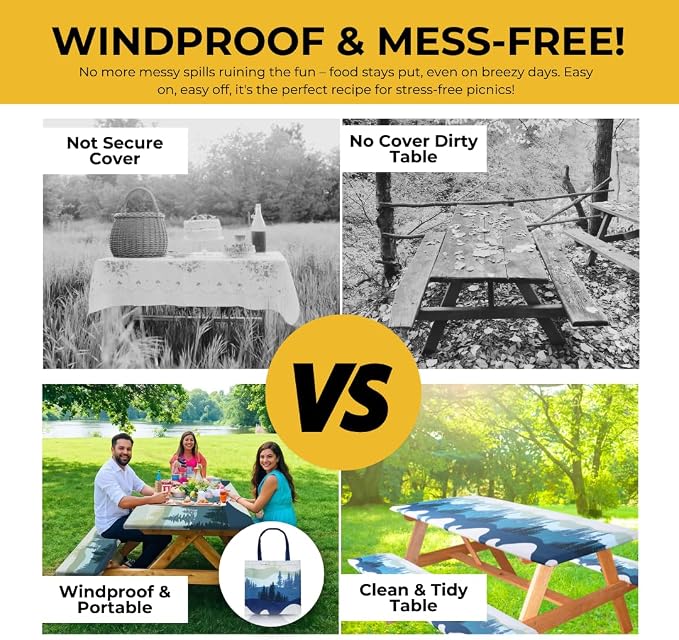 6ft Polyester Picnic Table Cover with Bench Covers Tablecloth Mountain View | Polyester Picnic Table Cover Windproof & Waterproof, Perfect for Camping Gifts & RV Essentials, Cool Camping Gadgets with bag