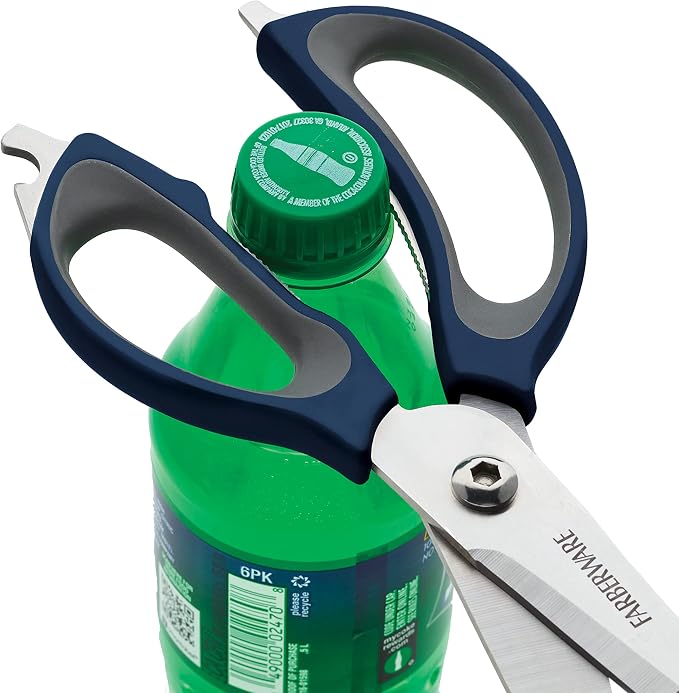 Farberware 4-in-1 Kitchen Scissors, Multi-Function Kitchen Shears with Jar Opener, Bottle Opener and Screwdriver, High-Carbon Stainless Steel Blades, Navy and Grey Ergonomic Handles with Sheath