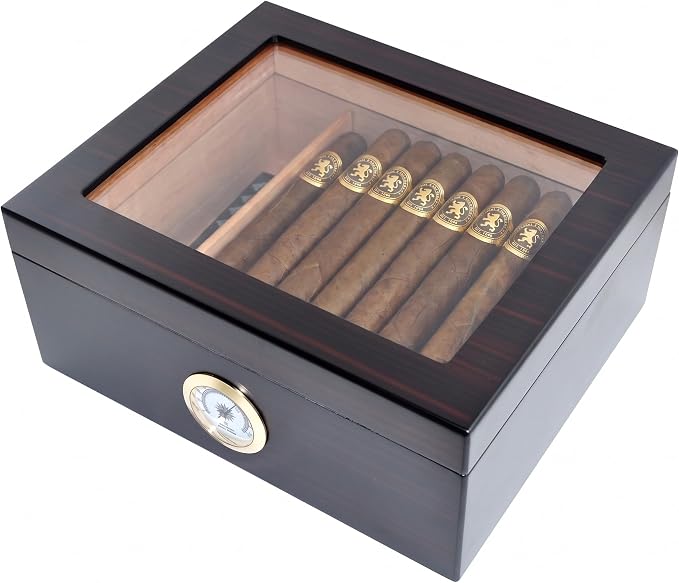 Premium Cigar Humidor - Holds 25-50 Cigars, Spanish Cedar Wood with Ebony Black Finish, Shatter-Resistant Glass Top, Built-In Hygrometer, Humidifier & Divider Included - 10.25" x 8.75" x 4.5"