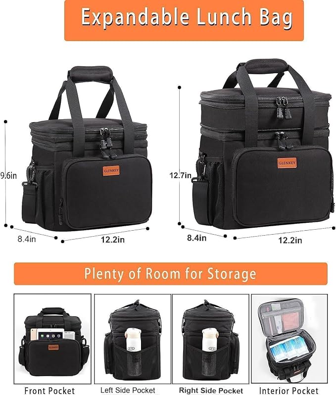 Expandable Lunch Box Cooler Bag - Insulated Soft Lunch Bag for Men Daily - Large Lunchbox for Adults Work Camping Outdoor Travel Black 22L