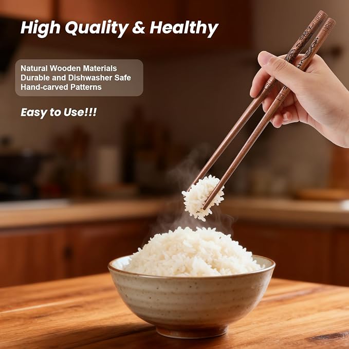 Reusable Chopsticks, Hand-Carved Dragon Design Wooden Chopstick, Chinese Chopsticks Reusable Dishwasher Safe, Chop Sticks Gift Sets - 4 Pairs