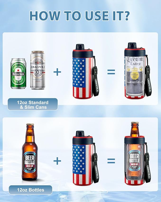 JOOPETALK Universal Can Cooler with Lid Fits All 12oz Cans& Bottles, 100% Leak-Proof Water Bottle, 4-in-1 Insulated Can Cooler for Beer, Soda & Energy Drinks, Dishwasher Safe