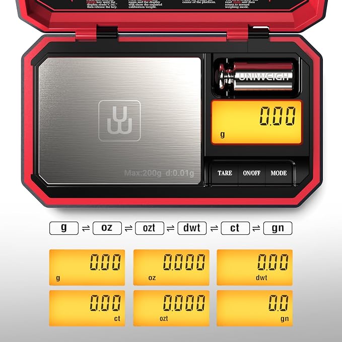 UNIWEIGH Travel Digital Pocket Scale 200g/0.01g, Digital Gram Scales | Mini Food Scale with 50g Calibration Weight for Food, Powder,small items, Tea, Jewelry, Coins (Battery Included)-Red