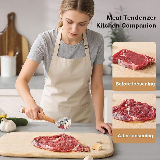Meat Tenderizer Hammer, 14 oz Heavy Duty Meat Mallet Pounder | Fist-Shaped, Wood-Grain Non-Slip Handle, Dual-Sided Kitchen Hammer for Steak, Chicken & Pork
