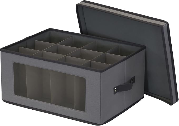 Household Essentials Wine Glass Storage Box in Strong Frame, Handles, Windowed Panel and 12 Compartments, Gray with Black Trim