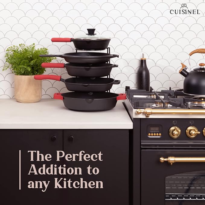 Cuisinel Pan Organizer for Cast Iron, Silicone-Coated 12" Skillet Rack