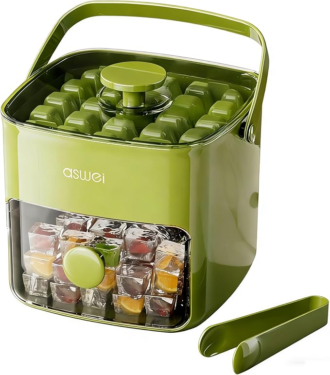 Ice Cube Maker, Ice Cube Tray with Lid and Bin, Portable Small Ice Maker, Handled Press-Type Ice Cube Trays for Freezer with Bucket Tongs for RV, Office, Mini Ice Cube Trays, BPA-Free (Green)