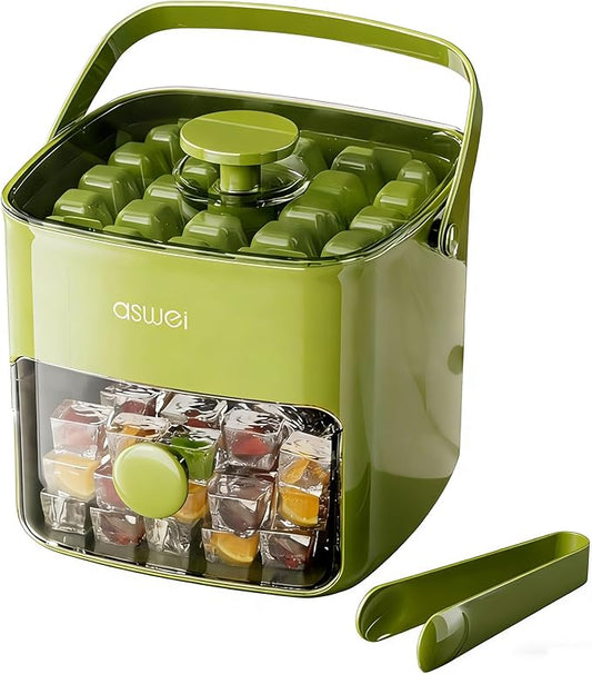 Ice Cube Maker, Ice Cube Tray with Lid and Bin, Portable Small Ice Maker, Handled Press-Type Ice Cube Trays for Freezer with Bucket Tongs for RV, Office, Mini Ice Cube Trays, BPA-Free (Green)