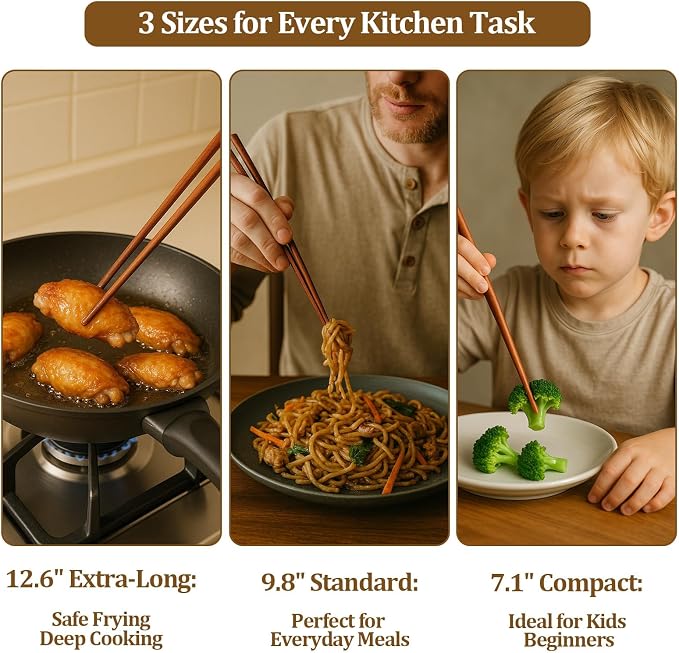 Cooking Chopsticks 3 Sizes Wooden Kitchen Cooking Chopsticks Tongs for Frying Mixing & Serving Ideal for Family, Restaurant & Gift (6 Pairs)