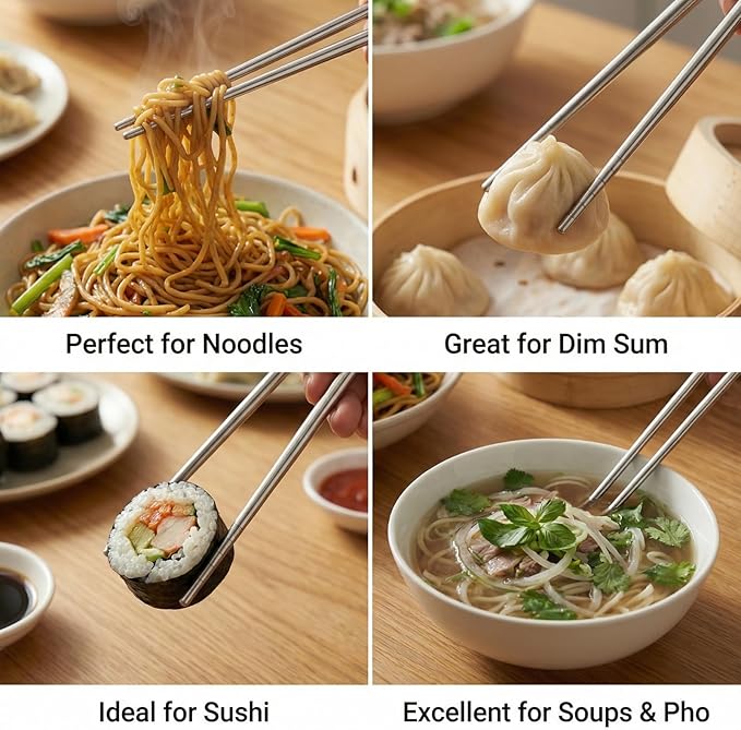Stainless Steel Chopsticks 5 Pairs, 9 Inch Reusable Metal Chop Sticks, Lightweight Hollow Design, Square Anti-Roll & Non-Slip Tips, Dishwasher Safe Food Grade 18/8