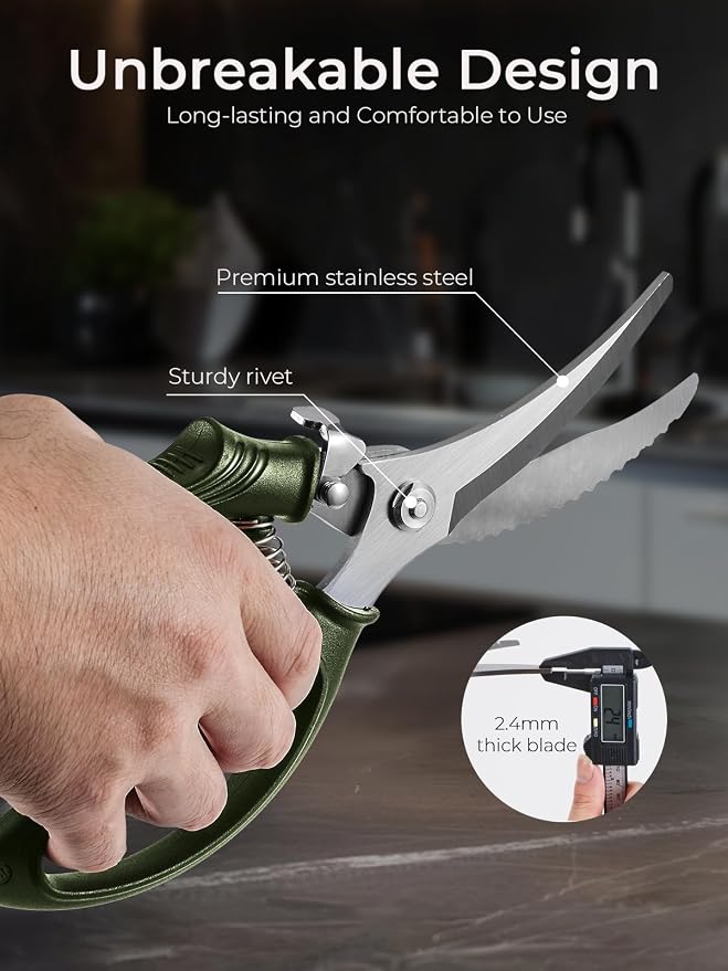 Poultry Shears, Heavy Duty Kitchen Shears With Anti-Slip Handle & Safety Lock, Poultry Scissors for Meat, Chicken, Bone,Turkey, Fish, Spring Loaded, Dishwasher Safe(Olive Green)