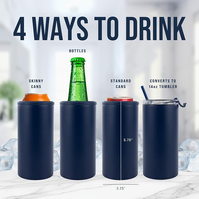 4 in 1 Universal Can Cooler - Navy Blue, Can Holder Insulated, Beer Bottle Cooler, Universal Holder for All Drink Sizes, Stainless Steel Insulated Tumbler, Tailgating Accessories