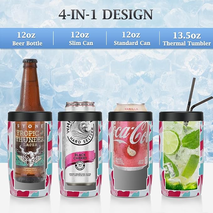 MAXSO Slim Can Cooler, 4-in-1 Double Walled Stainless Steel Insulated Beer Can Holder, Works With All 12 Oz Cans,Bottles & As A Pint Cups - Leo Pink