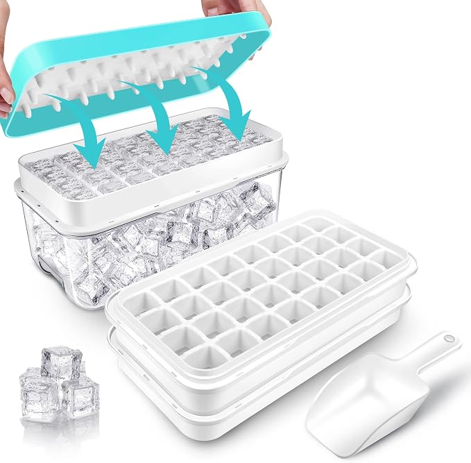 Ice Cube Trays for Freezer With Bin, Scoop, and Press Plate - 2 Tiers, Lid Included