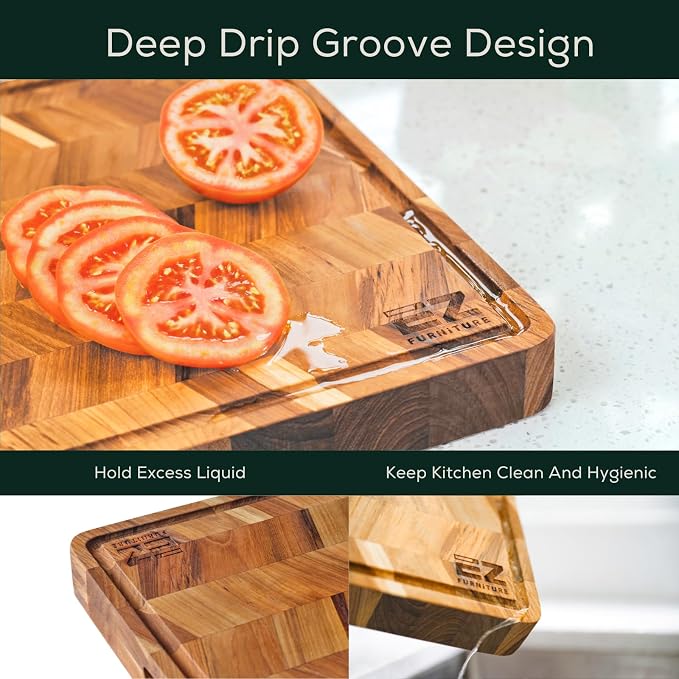 EZ FURNITURE Set of 3 Acacia Edge Grain Cutting & Charcuterie Boards with Extra Stand, Reversible Knife-Friendly Wooden Design with Juice Groove & Handles, Non-Toxic, Gift Box Included