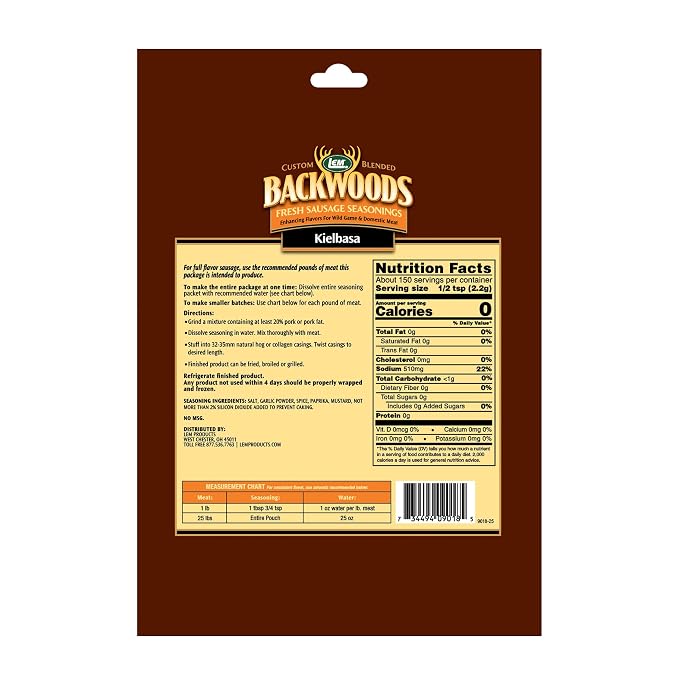 LEM Products Backwoods Kielbasa Fresh Sausage Seasoning, 11.8 oz Packet | Pre-Measured Seasoning for Wild Game and Domestic Meat, Seasons Up to 25 Pounds of Meat for Homemade Sausages