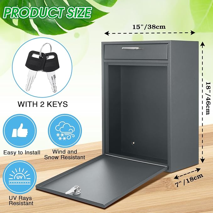 Yaocom Locking Mailbox with Key for Outdoor 18 x 15 x 7 Inches Large Wall Mount Mail Box with Lock Security Mail Drop Metal Collection Boxes Hanging Secure Postbox(Dark Gray)