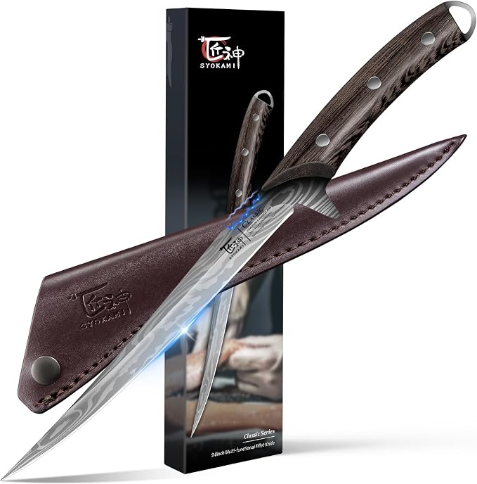 Fillet Knife, 9 Inch Boning Knife with Leather Sheath, Sharp Filet Knives for Fish and Meat, Non-slip Wooden Handle, Professional Japanese Knives For Fishing and Hunting, Outdoor Kitchen Gift