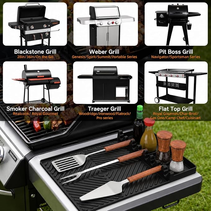 Find law Silicone Tools Mat for Griddle & Kitchen Countertop | Black Side Shelf Spatula Mat with Drip Pad for Blackstone Weber Traeger Pit Boss Flat Top Grill Smoker, BBQ Gifts for Men