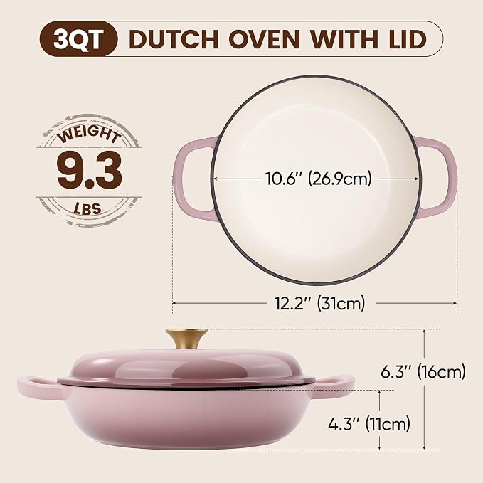 Vintage Style 3 Quart Enameled Cast Iron Braiser, Non Stick Enameled Cast Iron Skillet with Lid, Dutch Oven Skillet with lid up to 500°F for Oven, Stove, Grill, Shallow Dutch Oven for Cook, Bake (Pink)