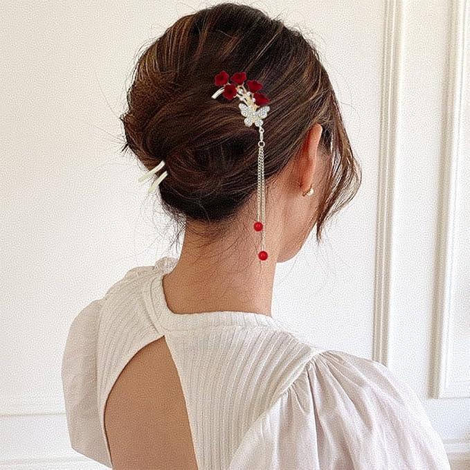 Lawie 10 Pack Cute Flower Butterfly U Shaped Gold Metal Hair Fork Pins Curved Chopsticks for Hair Sticks with Dangles French Hair Pins Bun Holder Decorative Hair Accessories for Women Girls (Red)