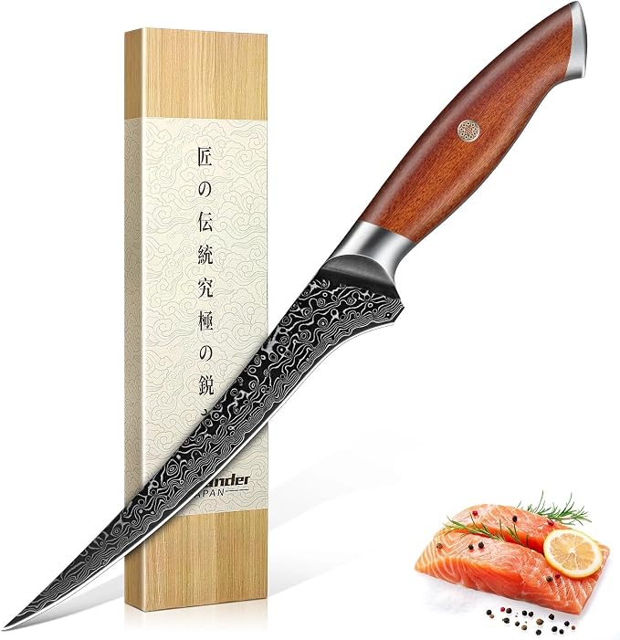 Freelander Damascus Fillet Knife with Wood Handle for Fish, Meat & Poultry | Razor Sharp 7" Filet Knife with Comfortable Grip, Mosaic Pin Design, Ideal for Skinning, Deboning & Slicing, Gifts for Men