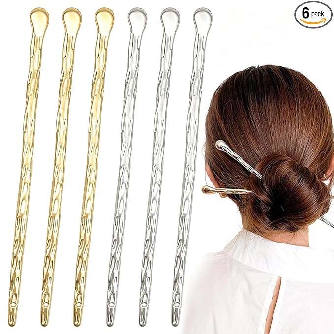 6 Pack Chinese Hair Stick for Women Metal Hair Bun Chopstick Long Hairstick Fashionable Styling Hair Pins Accessories for Women Girl (Gold and Silver)