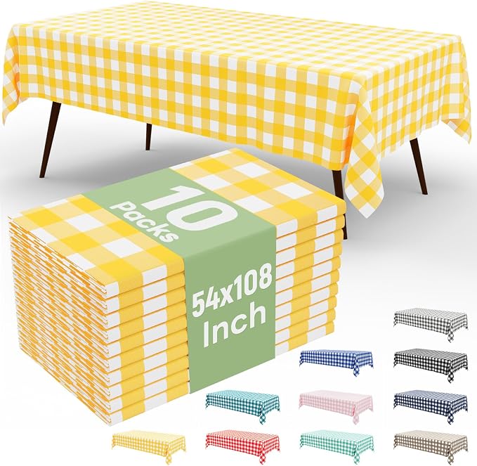 10 Packs Buffalo Disposable Table Cloth, 54 x 108 Inch Waterproof Plastic Tablecloth, Rectangle Yellow and White Checkered Table Covers for Picnic, Birthday, Party, Back to School
