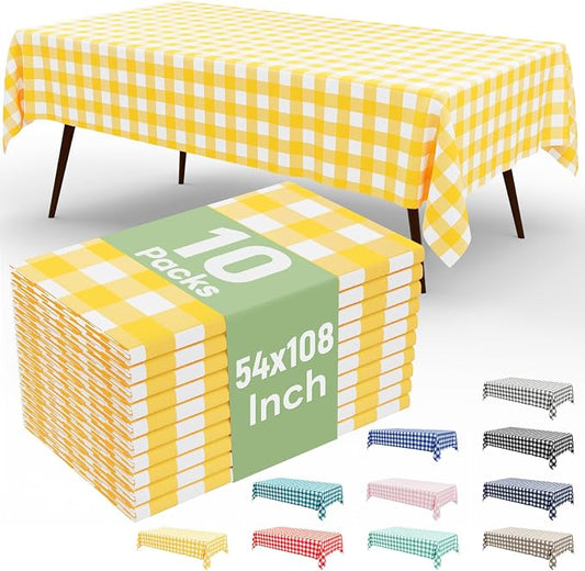 10 Packs Buffalo Disposable Table Cloth, 54 x 108 Inch Waterproof Plastic Tablecloth, Rectangle Yellow and White Checkered Table Covers for Picnic, Birthday, Party, Back to School