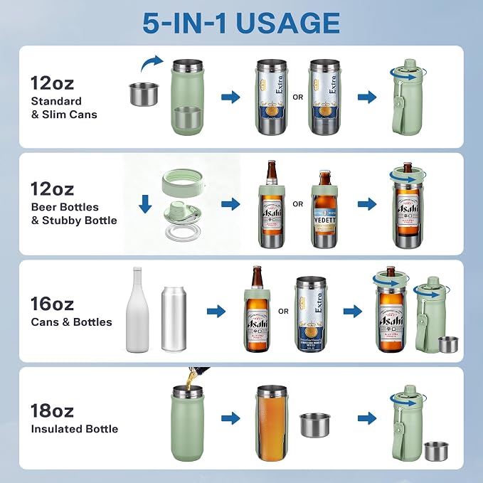 5 In 1 Beer Can Cooler Bottle Holder with Drinking Spout Lid for 12oz Regular, Slim Skinny Cans Bottles,Sealed Insulated Double Wall Vacuum Stainless Steel Can Keeps Your Drinks Cold(Green)