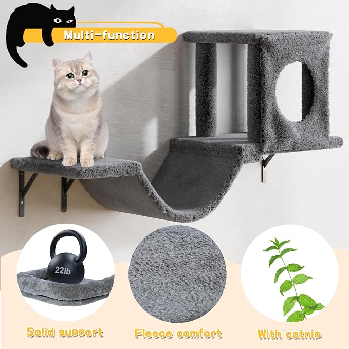 Cat Wall Shelves, 6-in-1 Cat Wall Furniture Set for Large Cats, Cat Climbing Wall Systems with Perch Bed, Condo, Bridge Ladder, Steps, Scratching Post, Dark Gray