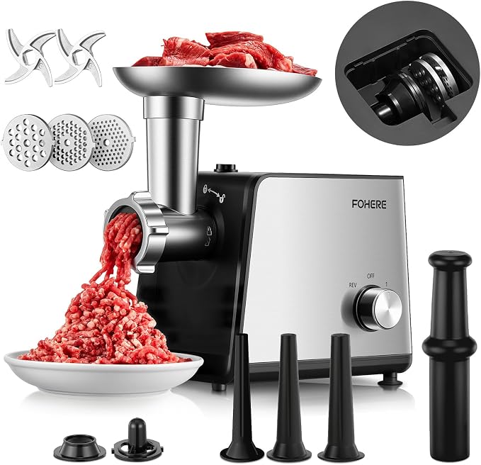 FOHERE Electric Meat Grinder for Home Use 3200W Max Heavy duty | meat mincer with 2 blades, 3 grinding plates, 3 sausage stuffer tubes and Kubbe kit