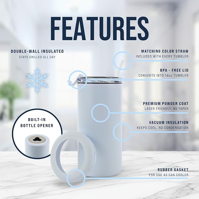 4 in 1 Universal Can Cooler - White, Can Holder Insulated, Beer Bottle Cooler, Universal Holder for All Drink Sizes, Stainless Steel Insulated Tumbler, Tailgating Accessories