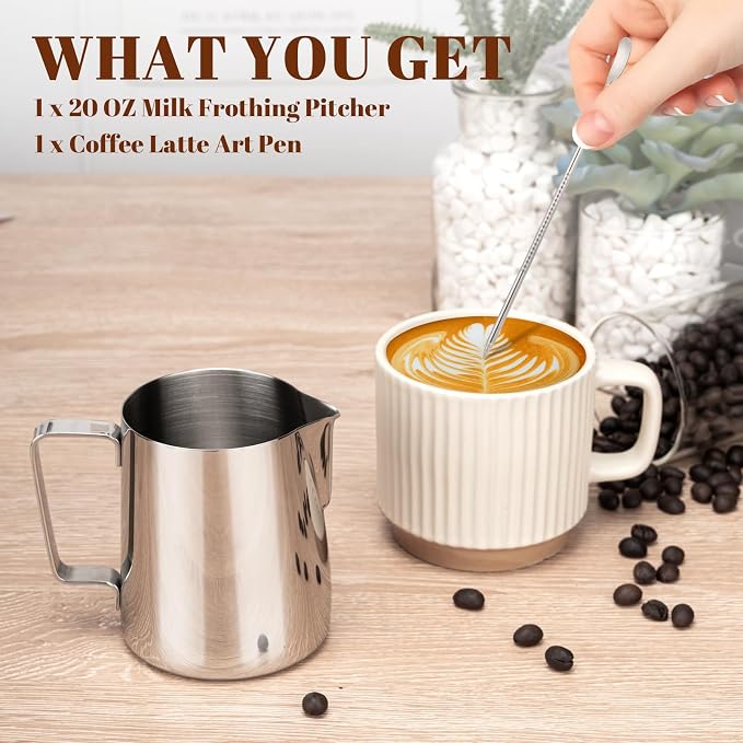 Amrules Milk Frothing Pitcher, 20oz Milk Frother Cup with Clear Scale, 304 Stainless Steel Cappuccino Espresso Machine Accessories for Barista Coffee Bar with Latte Art Pen, Silver