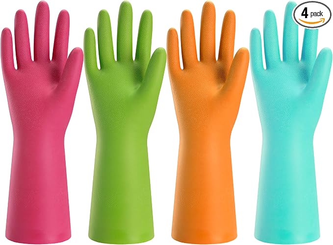Bamllum Rubber Cleaning Gloves for Kitchen - 4 Pairs Reusable Dishwashing Gloves for Household, Flexible Long-lasting & Waterproof (Large, Blue+Green+Red+Orange)