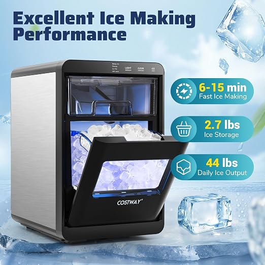 COSTWAY Countertop Nugget Ice Maker, 44 lbs/24H Chewable Sonic Ice Machine w/Self Cleaning, Ready in 6 Mins, Low Noise, Pull-Out Water Tank & Touch Control Panel for Home, Bar, Kitchen, RV