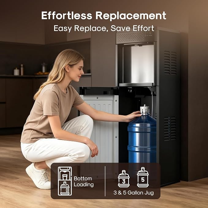 ICEPURE 4-in-1 Bottom Loading Water Cooler Dispenser with Built-in Ice Maker, Fits 3 & 5 Gallon Bottles, Hot & Cold Water with Child Lock, 33 lbs Daily Output for Home and Office