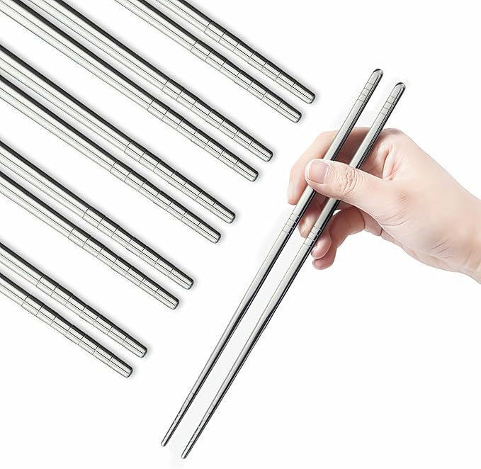 IQCWOOD 304 Stainless Steel Chopsticks 5 Pairs, Lightweight Non-Slip Metal Chopsticks Reusable, Stylish Korean Japanese Style, Dishwasher Safe 9.25" Restaurant Quality Gift Set for Family (Silver)