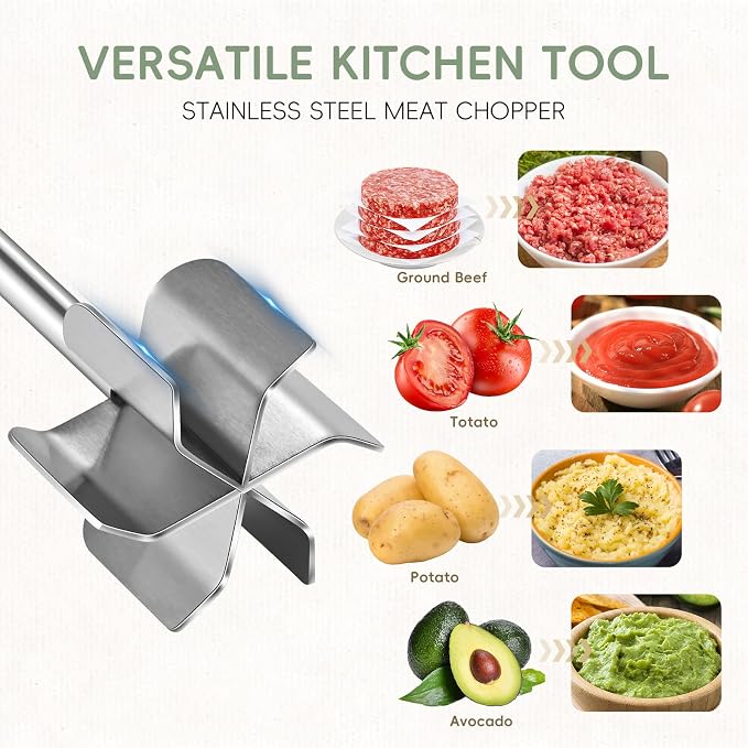 Stainless Steel Meat Chopper, ASWETMEL Meat Masher for Hamburger, Ground Beef Smasher, Hamburger Grinder Utensil for Ground Beef, Non Stick Mix Ground Chopper, Mix and Chop Potato Masher Tool