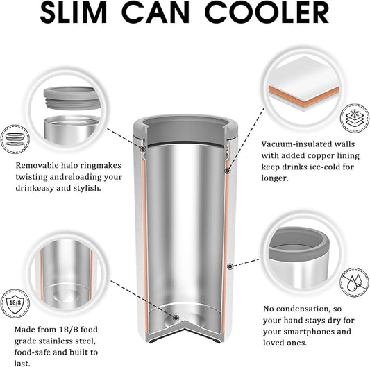 TILUCK Skinny Can Cooler, Stainless Steel Insulated Slim Cans, 12 oz | Beer & Hard Seltzer, Doucle-Walled Stainless Steel Insulated Slim Cans, Slim 12 oz(Frosted Pink)